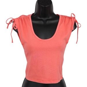 Coral Tie Shoulder Crop Top Scoop Neck Fitted Baby Tee Stretch XXS AE